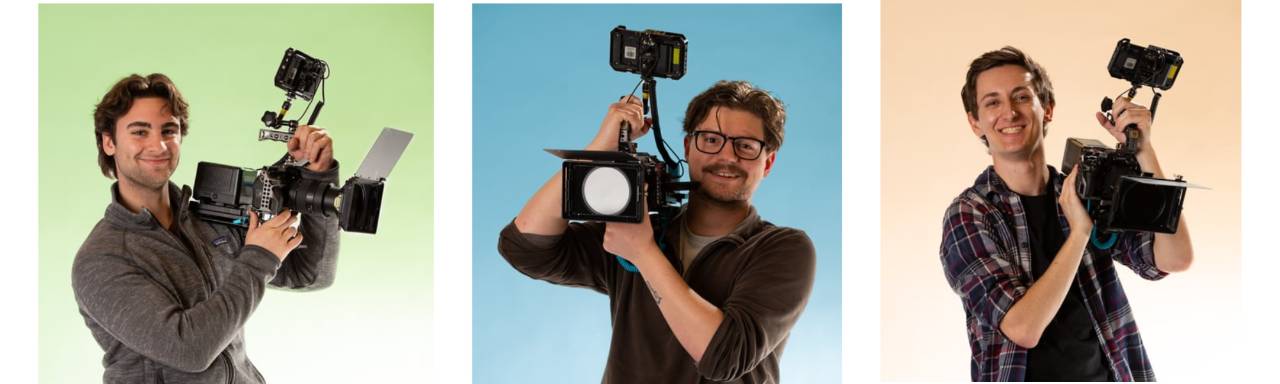 Three guys holding up a camera with one background color being green, another blue and another orange